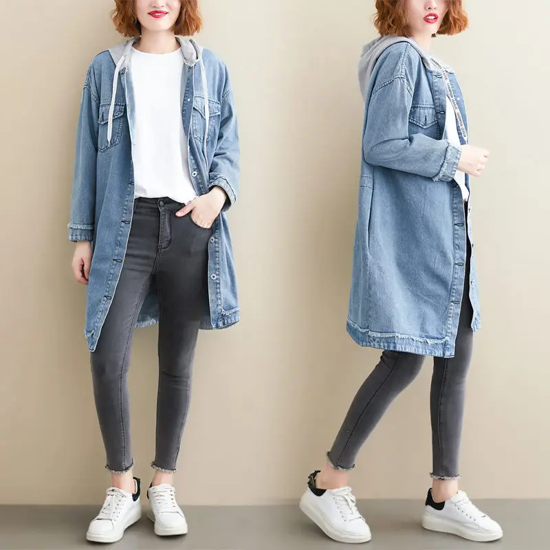 Женская джинсовая куртка с капюшоном новая свободная однобортная ветровка для