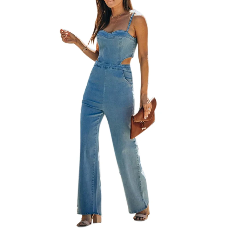 

VICABO Solid Color Women Rompers Spaghetti Strap Low-Cut Sexy Denim Jumpsuits Hollow Out Straight Trousers Female Streetwear