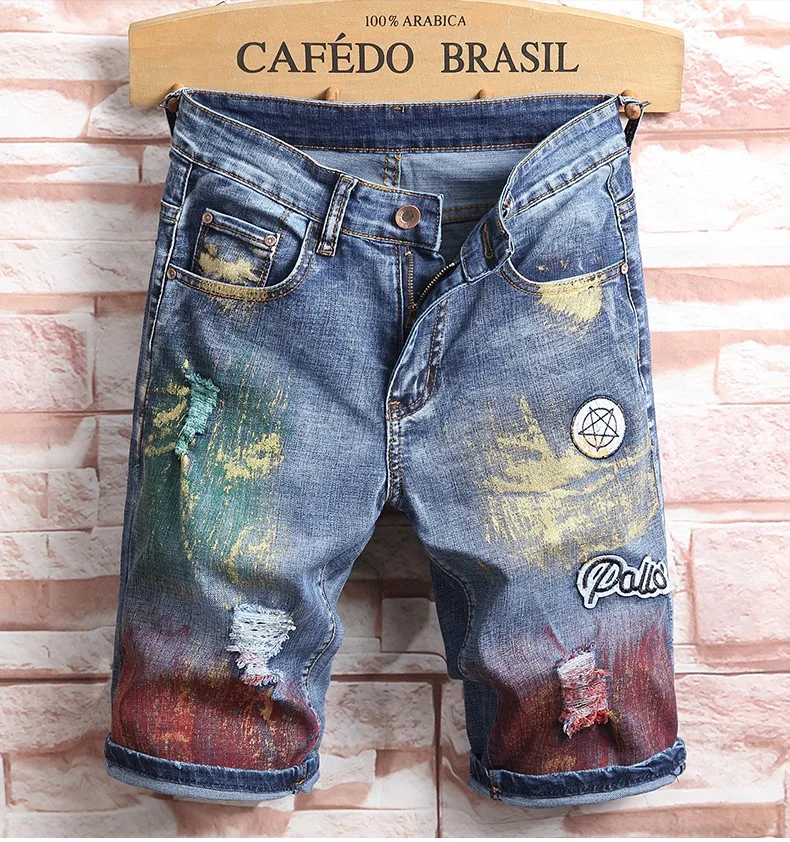 

Men Summer Blue Denim Shorts High Quality New Fashion Male Cotton Short Jeans Men Straight Holes Denim Shorts Size 38