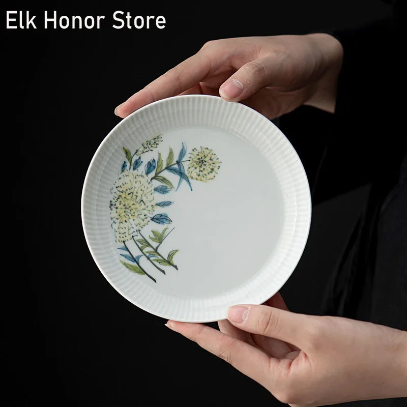 

Pure Hand-painted Hydrangea Ceramic Tea Tray White Porcelain Vertical Pattern Pot Bearing Teapot Base Kung Fu Tea Set Accessorie