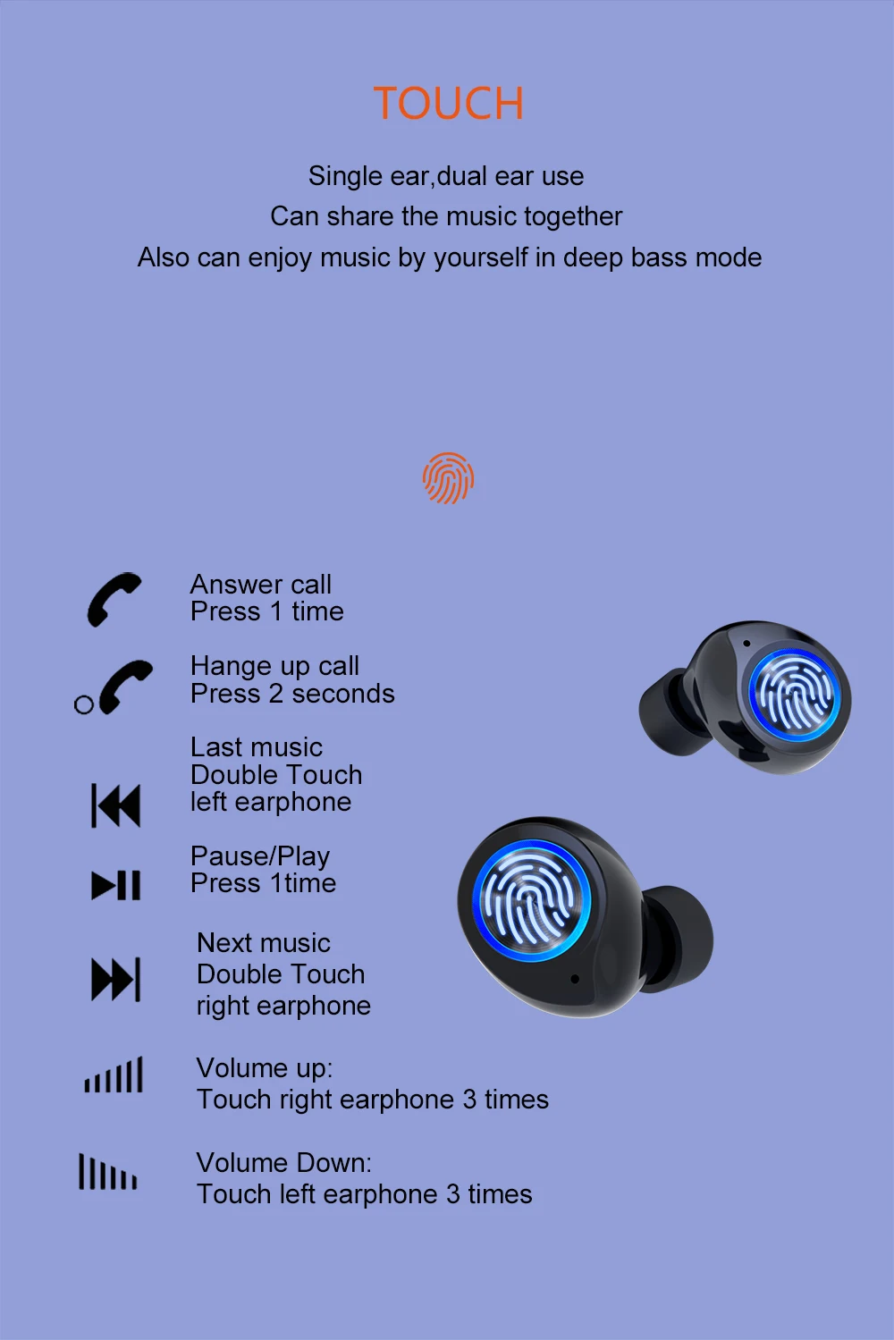 

Bluetooth Headset 5.0 Wireless Bluetooth TWS Touch Screen Noise Reduction Headset Waterproof Sports Stereo Mobile Charging LED