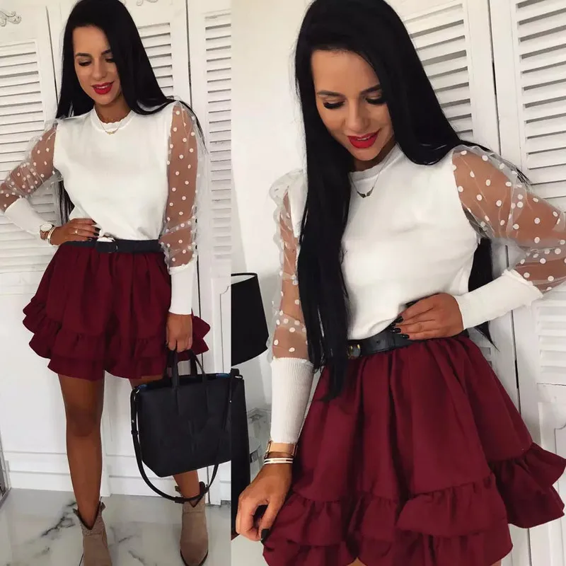 Women Puff Mesh Sleeve Tops Pullover Sweater 2019 Autumn Warm Knitwear Fashion Female Slim Long Jumper | Женская одежда