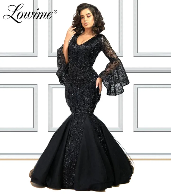 Черные блестящие вечерние платья русалки с пышными рукавами и V образным вырезом