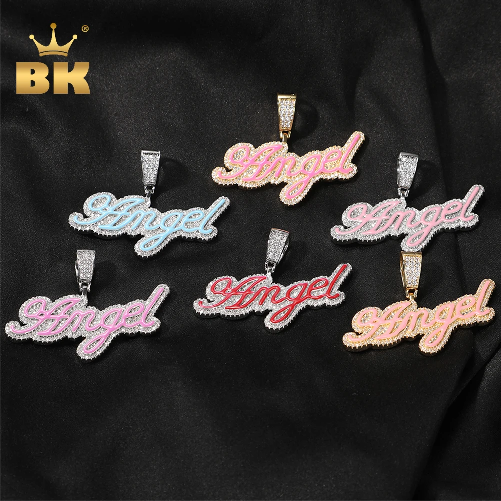 THE BLING KING Custom Name Pink Enamel Bubble Letter Personalized Edwardian Script Bling CZ Pendant Solid Back Hiphop Jewelry