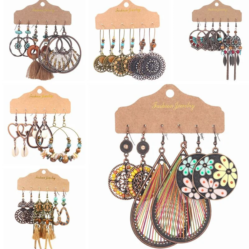 

3pair/set Combination Set Earrings For Women Bohemian Vintage Ethnic Handmade Winding Rice Bead Wood Tassel Earrings