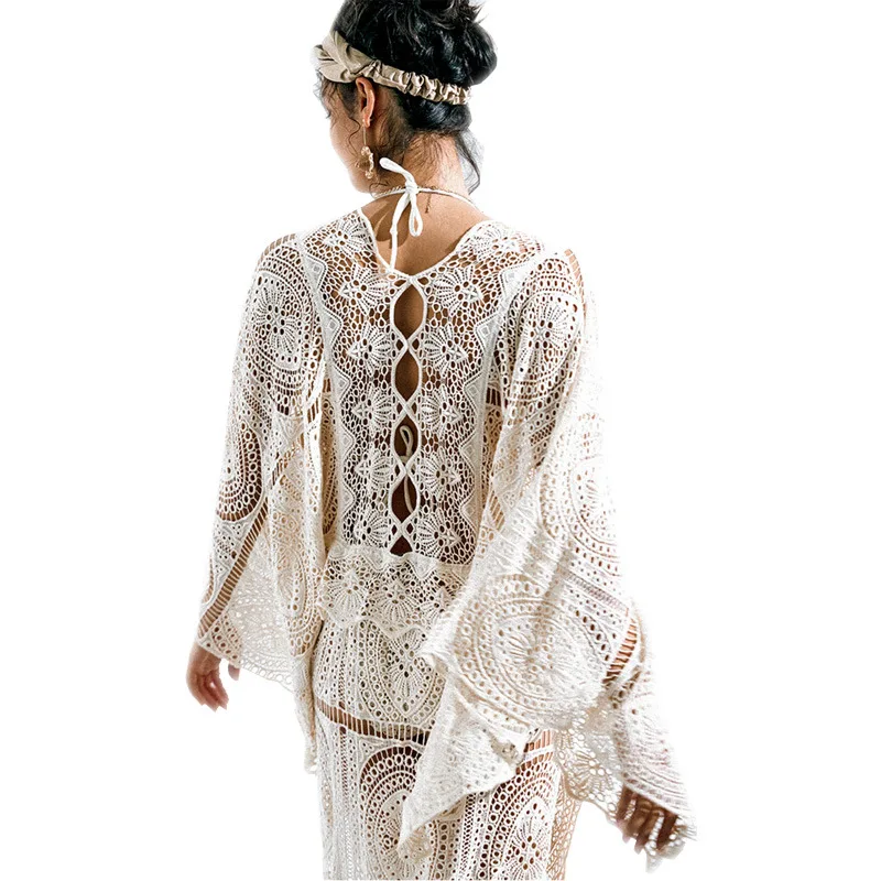 

Summer Sexy Hollow-out Split Dress Lace Beach Style V-neck Casual White Dresses Bandage Clothes