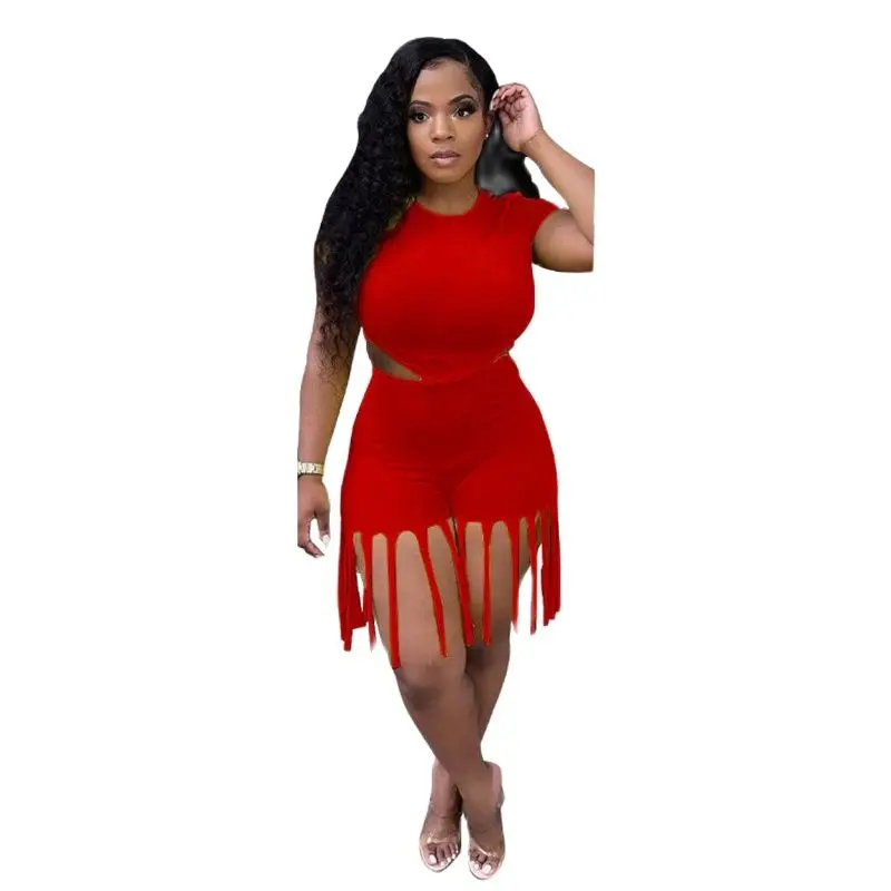

2021 Summer Wears, various colors t-shirt with tassels fringes shorts bodycon 2 piece short set