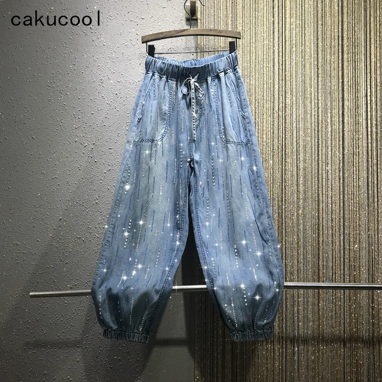 Cakucool Vintage Frayed Jeans Diamonds Beading Sequined Harem Pant Elastic Waist Loose Large Size Chic Jeans Casual Capris Femme