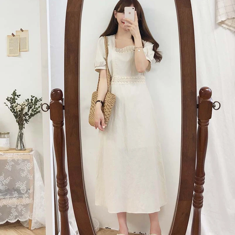 Женское винтажное платье макси из хлопка и льна однотонное средней длины с