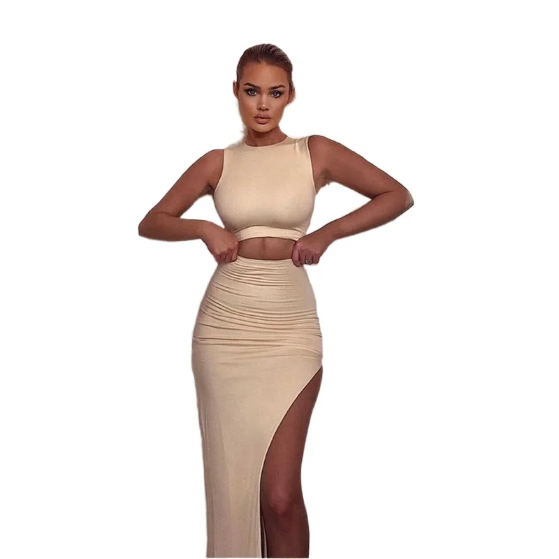 

Women Skirt Set Summer New Set Women Sexy Tight Small Vest Crop Top Split High-waisted Skirt Set Two Piece Outfits Donsignet