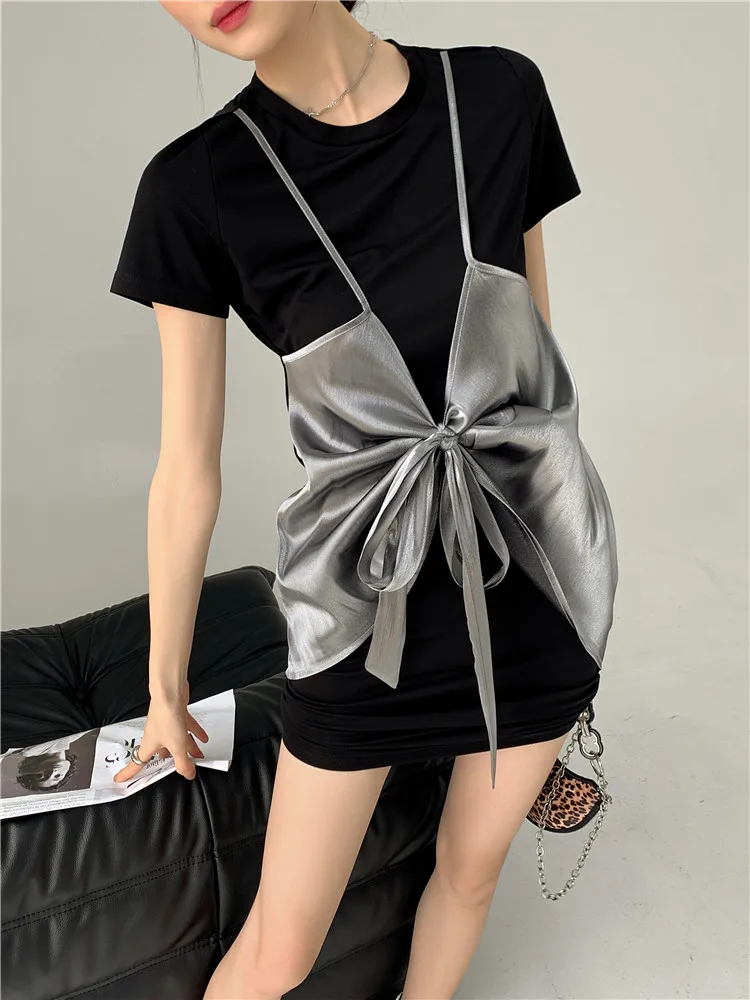 

CHEERART Mock Two Piece Designer Clothes T Shirt Summer Top Black Patchwork Silver Short Sleeve Tee 2021 Fashion Women Tshirt