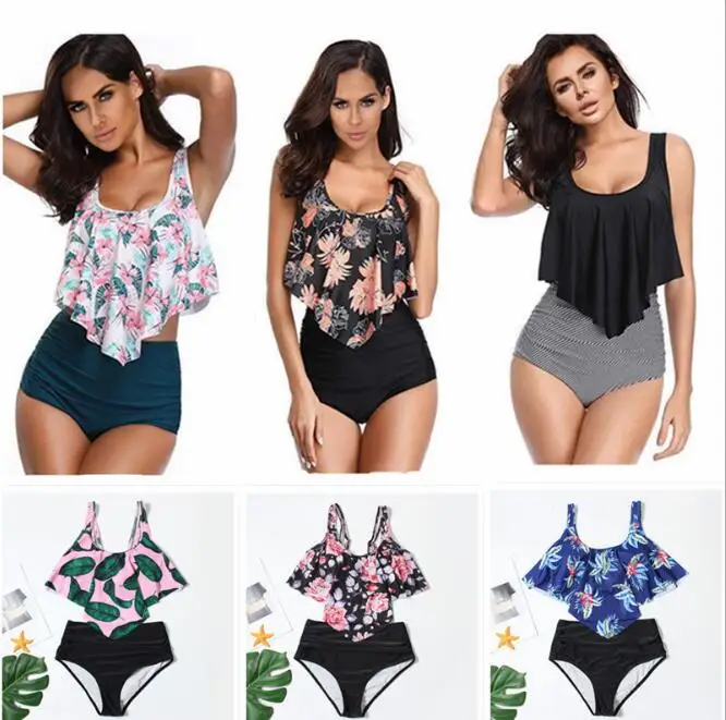 Купальник из двух предметов купальные костюмы топ с оборками сзади завышенной