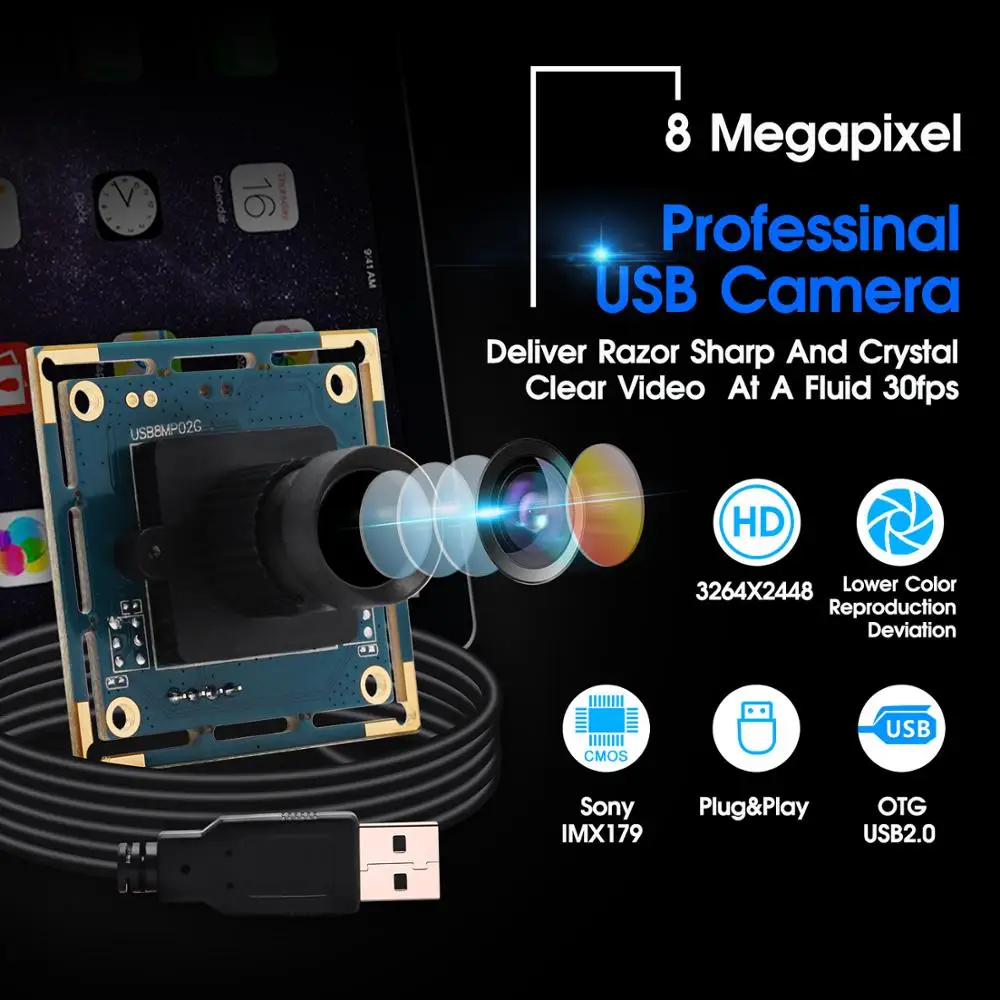ELP без искажений драйвер объектива Бесплатная 8mp камера usb с IMX179 CMOS сенсор. Высокое