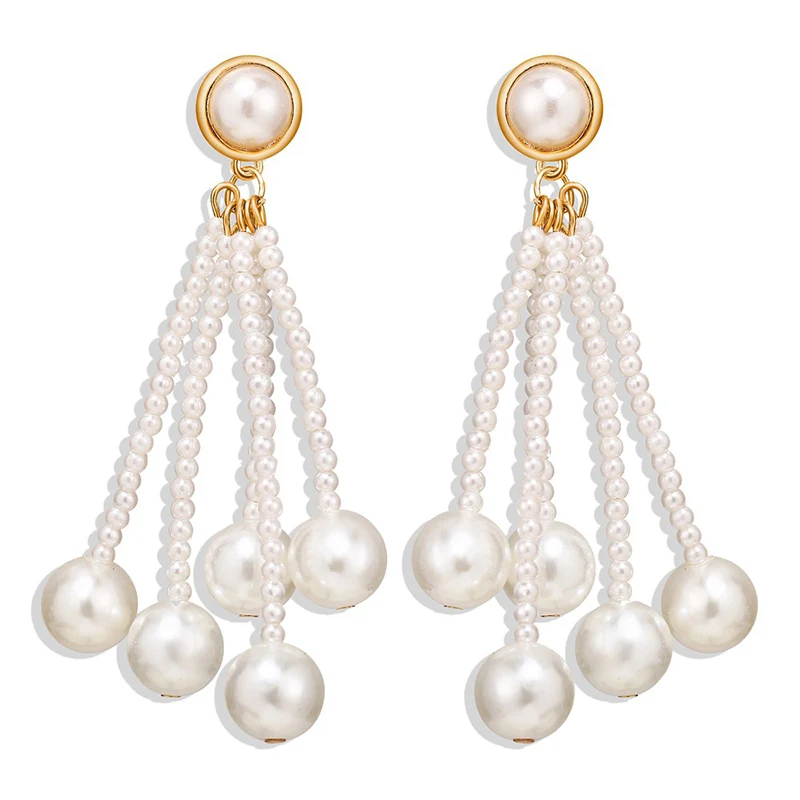 as the picture Trendy Elegant Simulated Pearls Long Dangle Earrings For Women Jewelry Pearls String Statement Drop Earrings Wedding Party Gift - Окраска металла: as the picture