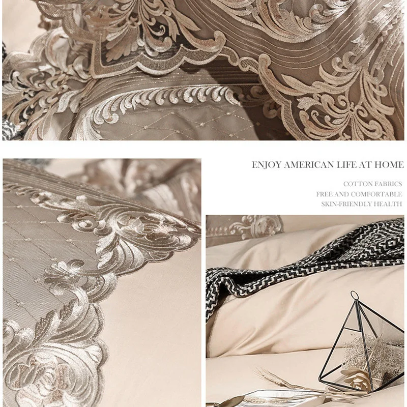 

European Satin Cotton Bedding Set Luxury Embroidery Lace Duvet Cover Set King Queen Flat Sheet with Two Pillowcases 4pcs 2m
