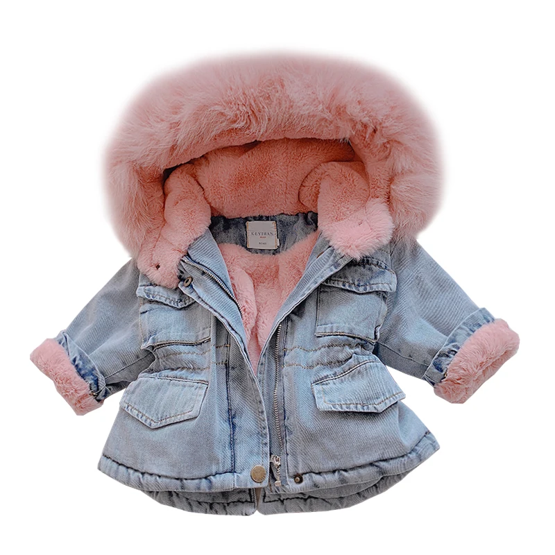 

OLEKID 2021 Winter Baby Girl Denim Jacket Plus Velvet Warm Thick Toddler Girl Outerwear Coat 1-5 Years Kids Infant Girl Parka