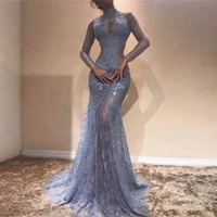 robe de soiree long sleeves lace appliques prom party dresses high neck mermaid evening gowns see through lace formal dress