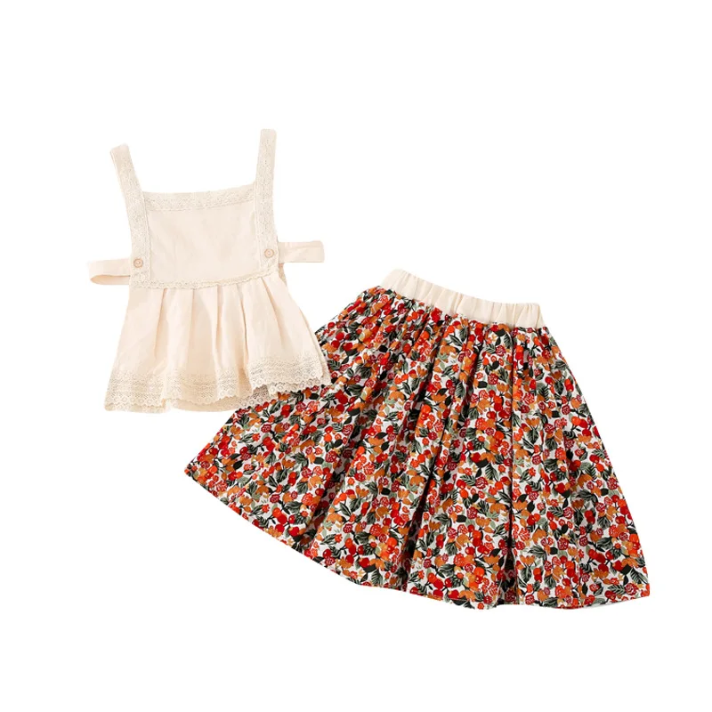 

2PCS WLG Kids Boutique Outfits Girls Fall Beige Vest and Floral Ruffle Skirt Set Baby Girl Casual Clothing Set