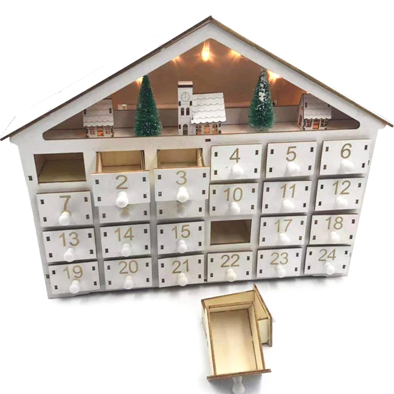 

P8DE Wooden House Christmas Countdown Advent Calendar with 24 Drawers LED Light Decor