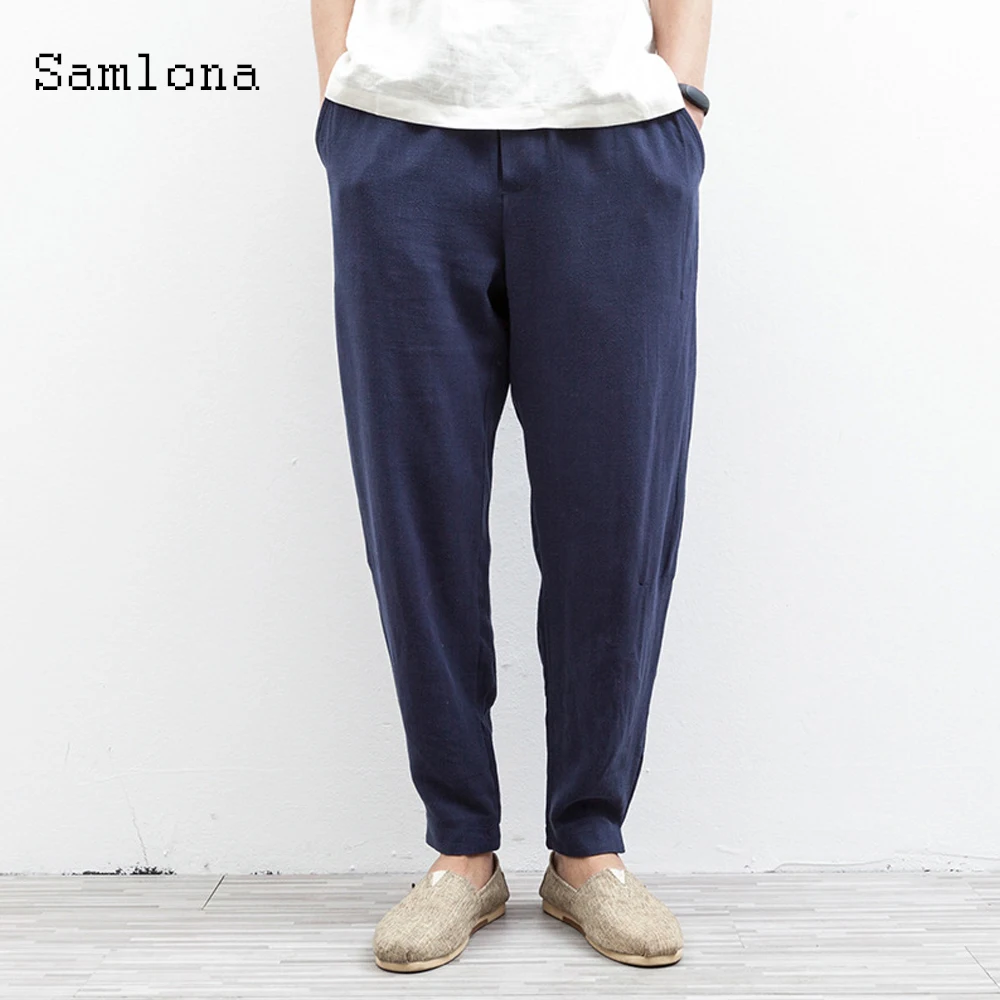 

Solid Color Men Casual Pant Blue Khaki Loose Bottom Pantalon Trendy 2023 Spring Autumn Linen Harem Pants Drawstring Trouser Mens