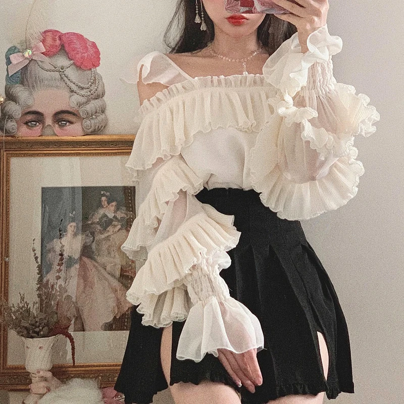 

Princess sweet lolita blouse Bobon21 Fairy romantic blouse organ wrinkled agaric lace flower shoulder chiffon blouse T1870