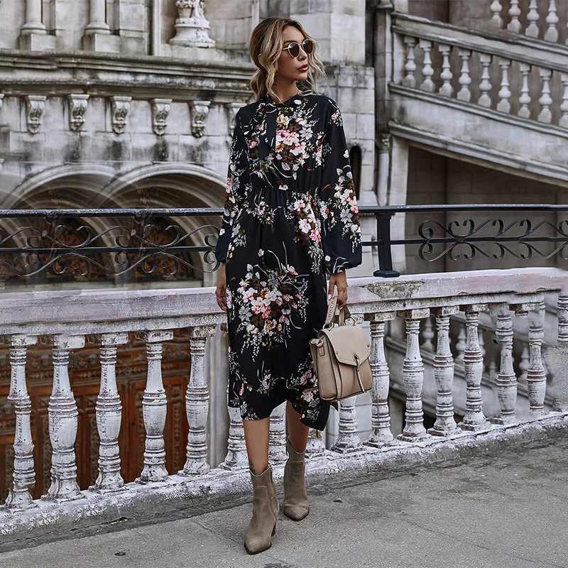 

Puff Sleeve Autumn Winter Floral Dress Women Casual Bow Stand Collar High Wasit Long Sleeve Dress 2021 New