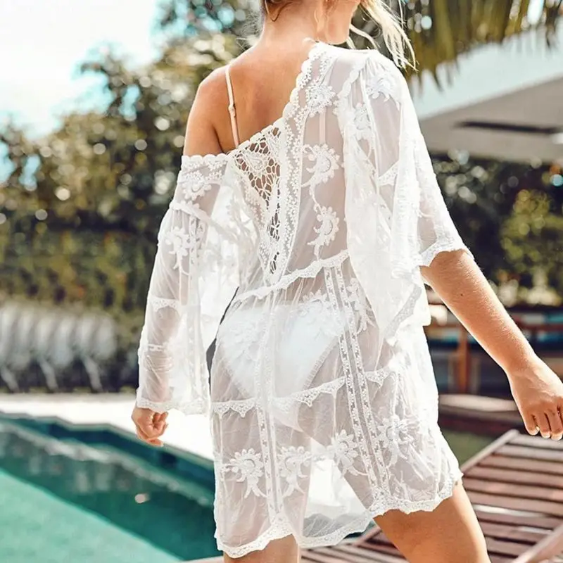 

Women Sexy Sheer Floral Lace Bikini Cover Up Crochet Pullover Loose Beach Dress