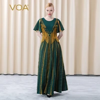 voa 100 silk 60 mm dark green heavy party dresses women evening 2020 round neck embroidery high waist dress for women ae691