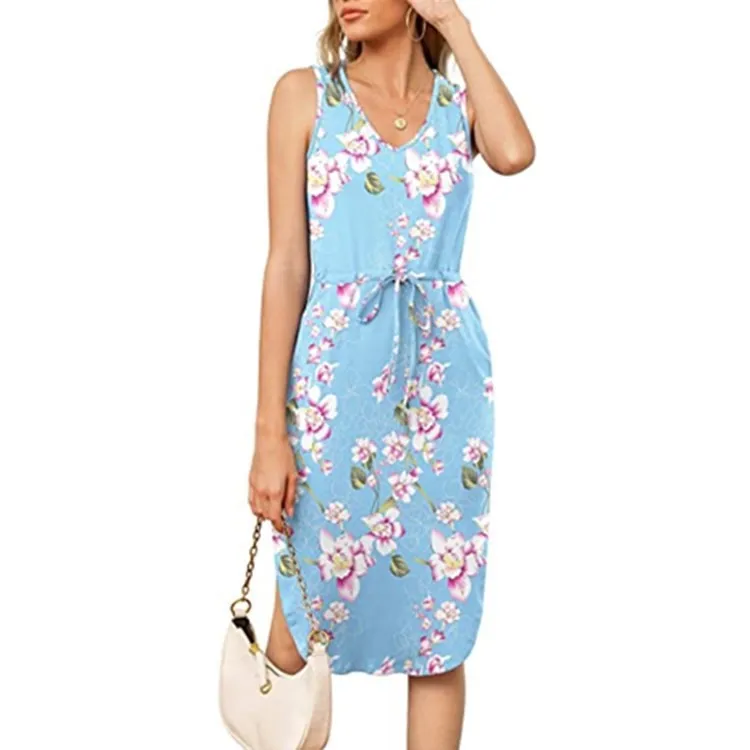 

Бохо миди женское летнее Повседневное платье без рукавов, платье на бретелях, с v-образной горловиной, свободного покроя, Цветочный принт По...