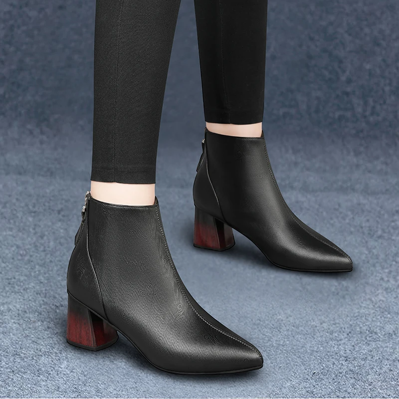 

Genuine leather ankle women shoes high (5cm-8cm) women boots square heel winter boots women zip basic shoes woman