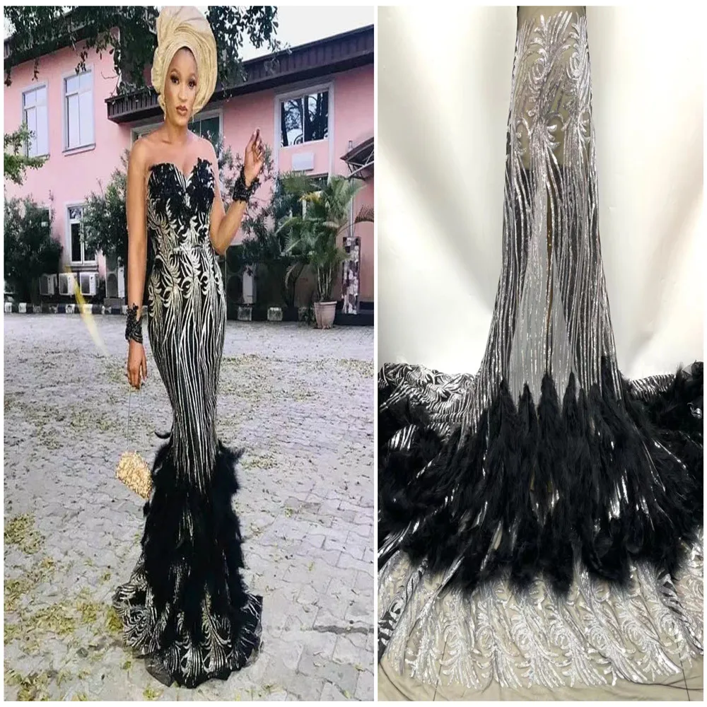 

2021 Handmade feather with sequins 3D embroidery fabric French mesh tulle Nigerian lace fabric for Party dresses wedding