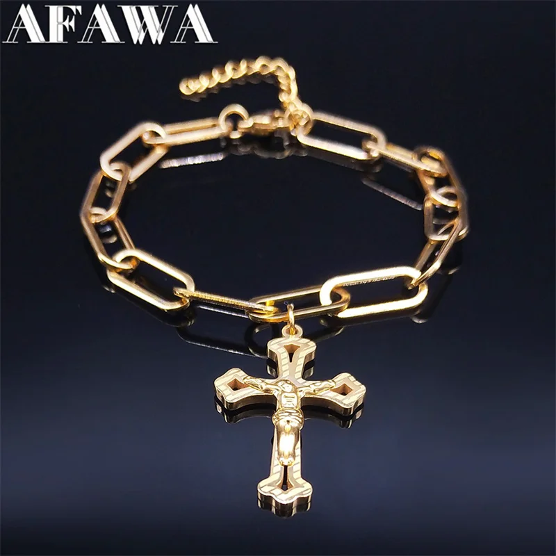 

2021 Stainless Steel Cross Wing Charm Bracelet Gold Color Religion Bracelet Jewelry bracelet homme acier inoxydable B6017S02