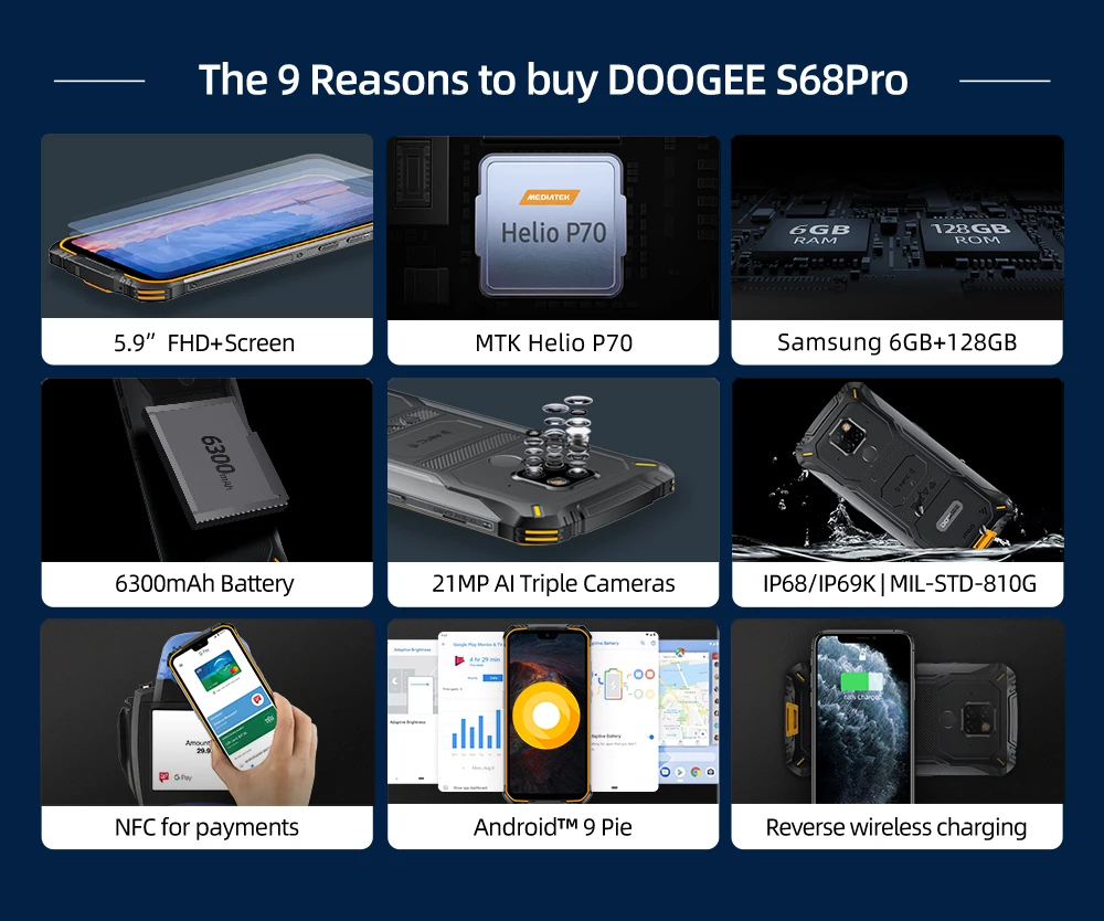 Doogee S68 Pro 5,8" прочный смартфон IP68/IP69K MTK Helio P70 мобильный телефон 6 ГБ 128 ГБ Octa мобильный телефон AL 21 МП Тройная камера NFC