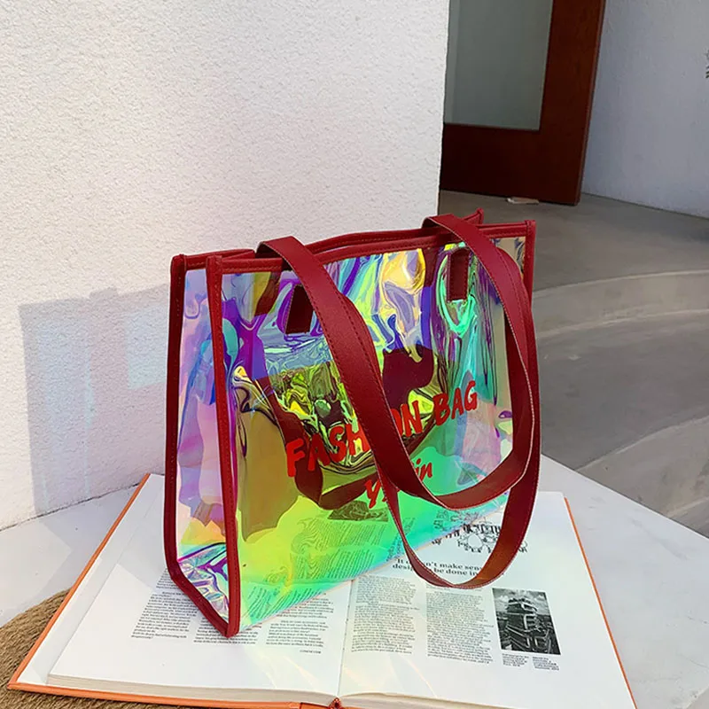 

2021 Летние Новые Стильные Простые дамские прозрачные сумочки с лазерным рисунком, модная текстурная сумка на плечо, высококачественные кожа...