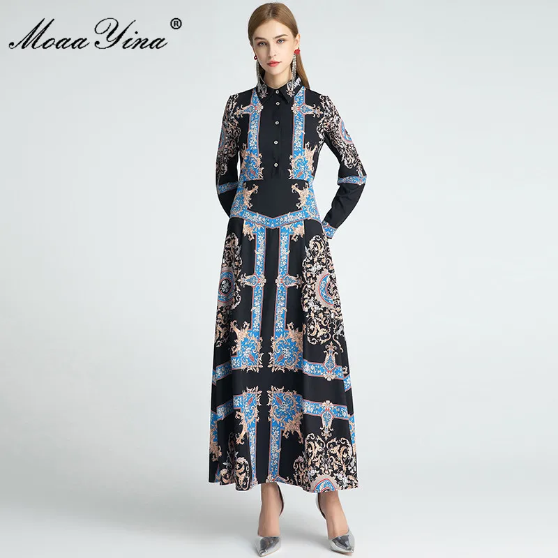 

MoaaYina Fashion Designer dress Autumn Women's Dress Turn-down Collar Diamonds High Waist Printed Vintage Long Dresses