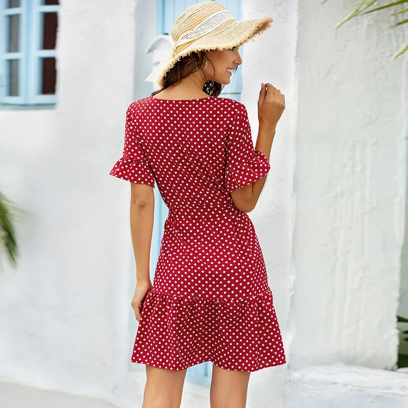 Женское винтажное платье в горошек белое Элегантное летнее платье-рубашка с