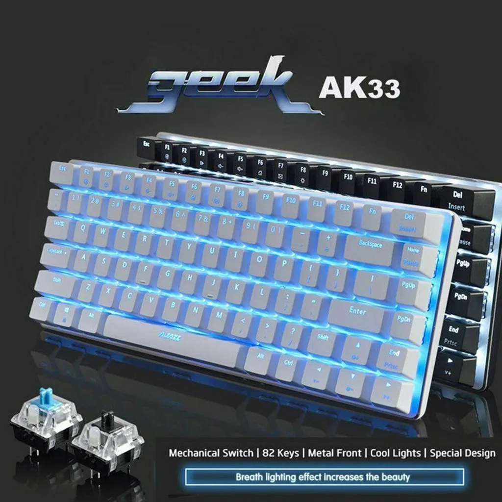 

Игровая клавиатура AK33, USB-клавиатура с подсветкой, 82 клавиши, резиновые колпачки клавиш, проводная эргономичная RGB клавиатура для ПК и ноутбу...