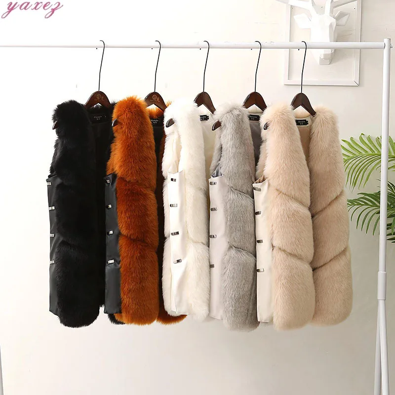 

Korean Mid-length Fox Faux Fur Vest Ladies Slim Plush Women's Fluffy Vest Autumn Leather Fake Fur Patchwork Veste Femme Outwear