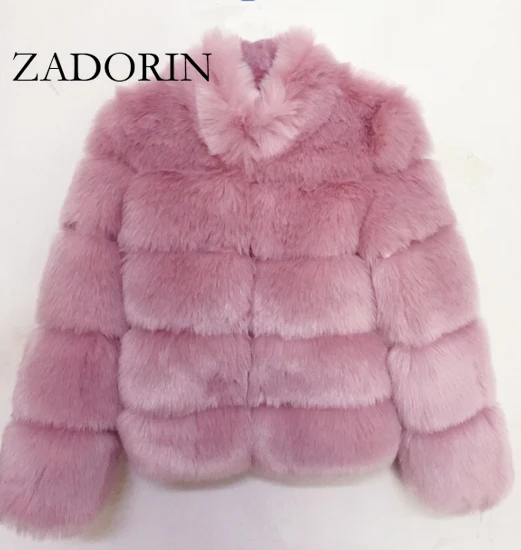 Pink ZADORIN новое зимнее женское пальто из искусственного лисьего меха, большие размеры, Женское пальто со стоячим воротником и длинным рукавом, куртка из искусственного меха, меховой жилет fourrure - Цвет: Pink