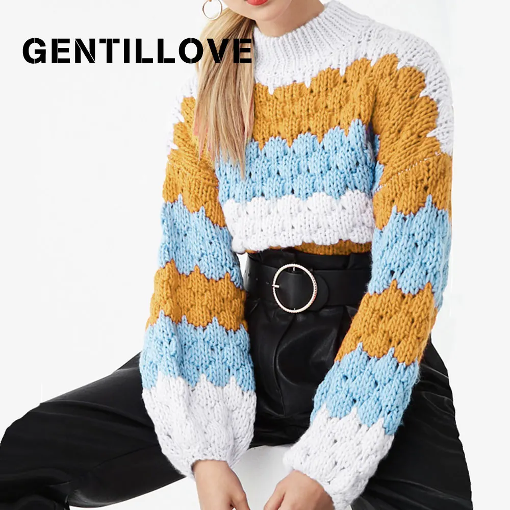 

Elegant Patchwork Oversized Sweater Vintage Harajuku Knitted Cropped Tops Autumn Casual Lantern Sleeve Loose Pullover Jumper