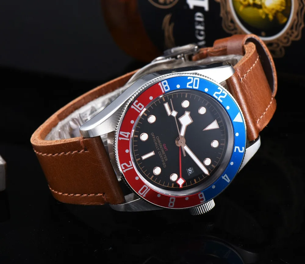 Corgeut 41 мм GMT часы черный циферблат Bay черный и красный ободок кожа механические мужские часы с автоматическим подзаводом