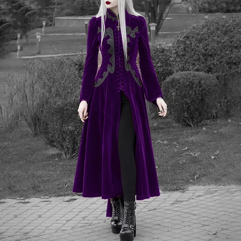 

2021 Fairy Women's Gothic Style Punk Style Dresses Solid Color Sexy Witch Long-sleeved Ruffled Stand-up Collar A-line Skirt
