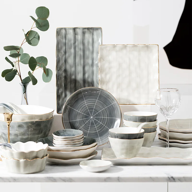 

Nordic Gilt Rim Porcelain Dinner Plate Set Kitchen Plate Ceramic Tableware Food Dishes Rice Salad Noodles Bowl Cutlery Set