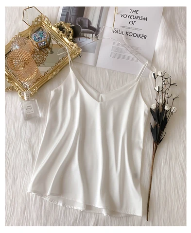 Женская винтажная блузка без рукавов, однотонная шелковая блузка на бретельках с V-образным вырезом для офиса и работы, лето 2021