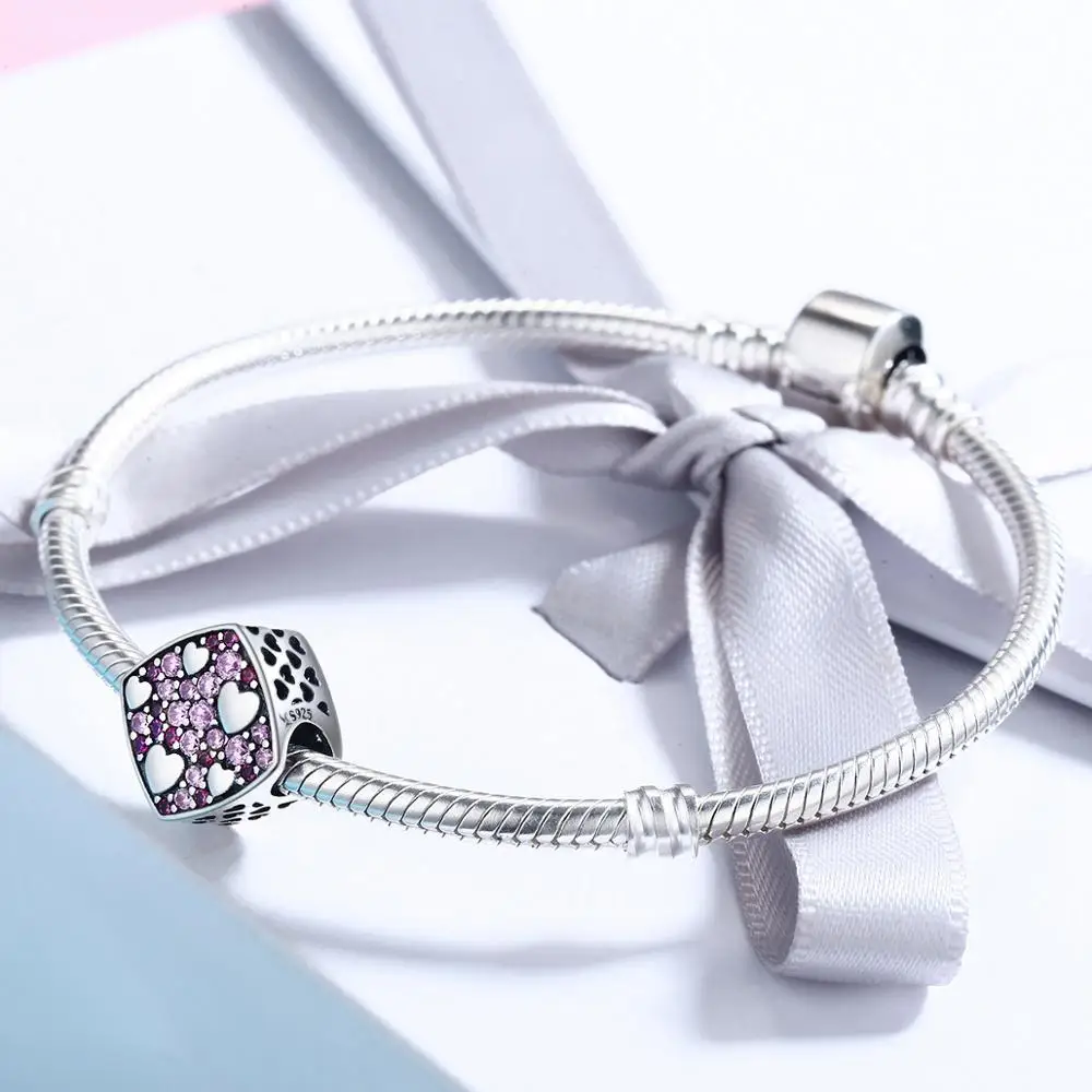 925 Sterling Silver Pink Crystal Heart Square Charm Beads fit DIY Bracelet Jewelry Girlfriend Gift For Friends SCC471 | Украшения и