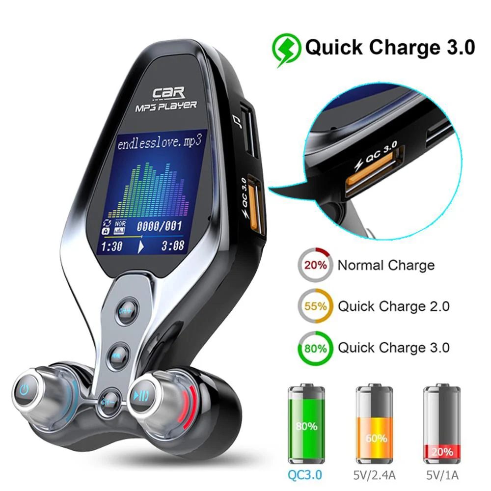 

Handsfree Bluetooth 5.0 FM Transmitter One Key Power On/Off EQ Mode Car MP3 Music Player QC3.0 Dual USB Charger Folder Player