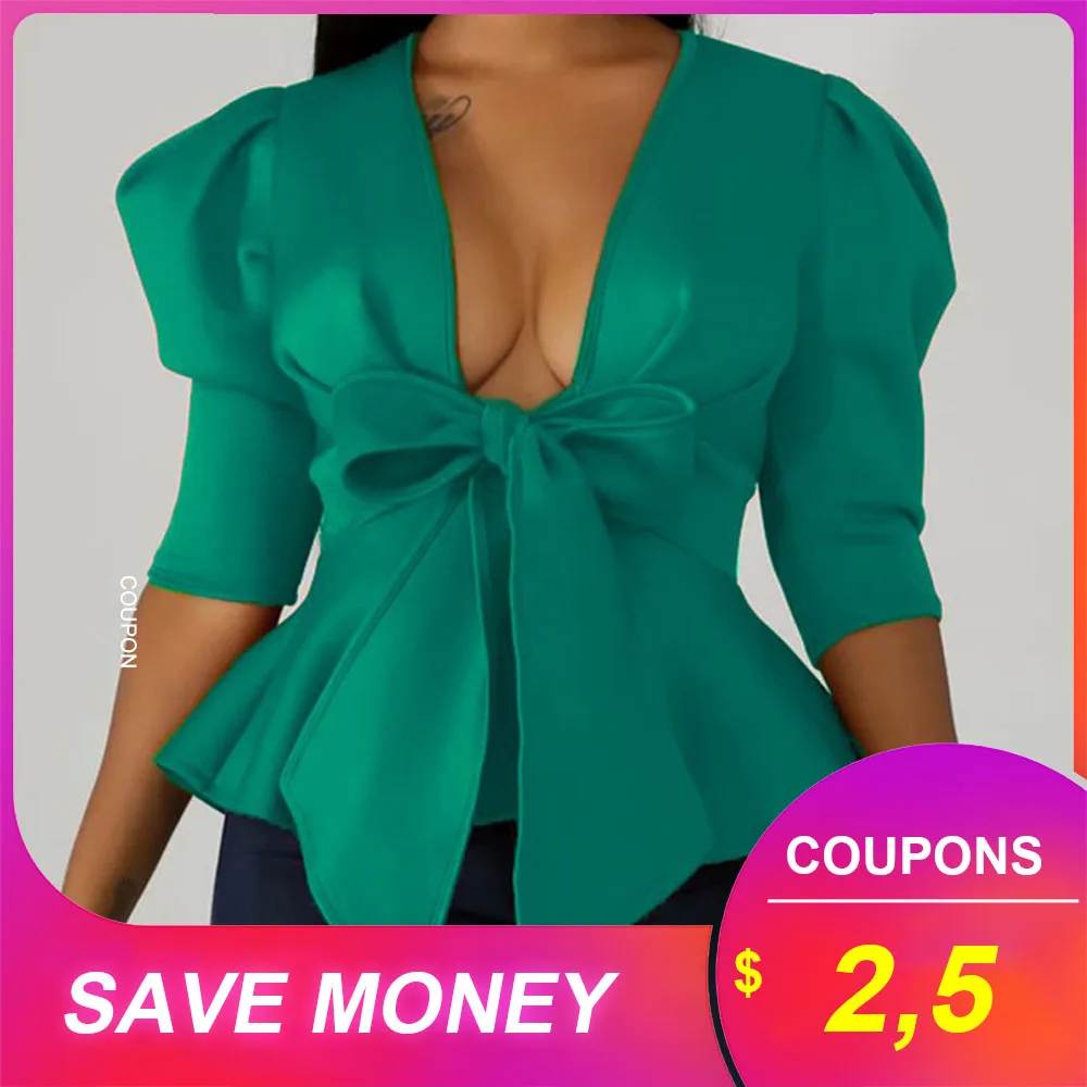 Блузка женская с V образным вырезом пикантный топ пышными рукавами баской бантом