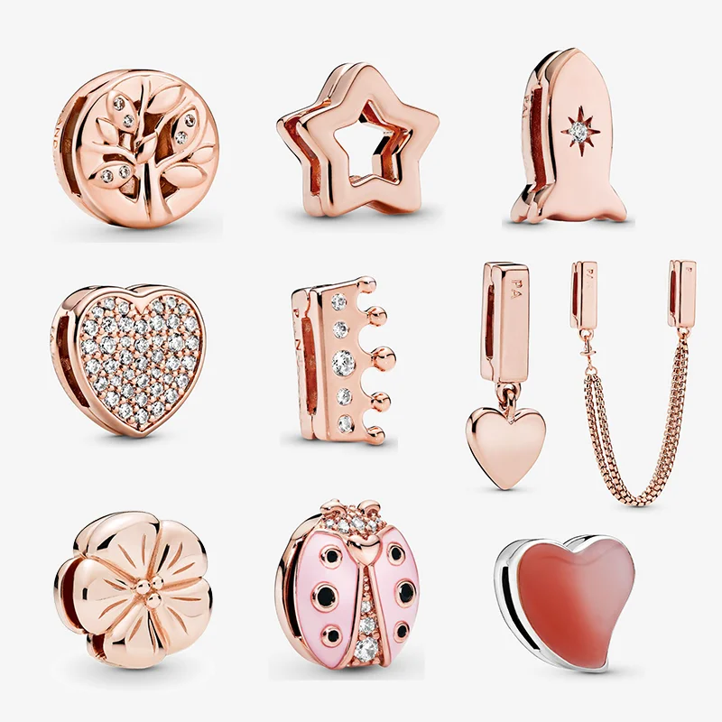 

LR PAN 925 Sterling Silver Rose Gold Queen Bee Pink Ladybug Blue Water Drop Classic Flower Bracelet Silicone Fixing Clip