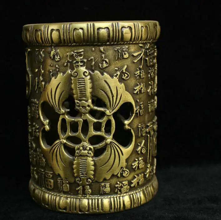 Китай Китайский Бронзовый латунный летучая мышь богатство фу кисть горшок