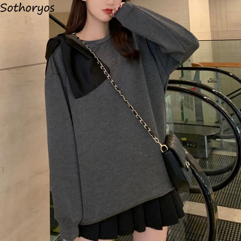 Женские толстовки большого размера топы с длинным рукавом и бантом серые круглым